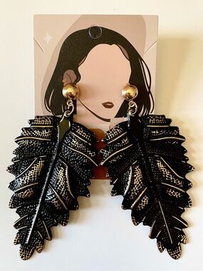 Statement Black Leaf with Gold-tone accent. Lightweight Drop Earrings - NEW